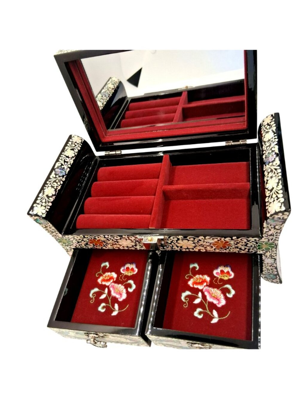 Elegant Mother-Of-Pearl Inlay Asian Jewelry Box Lacquered W Crane & Floral NWOB